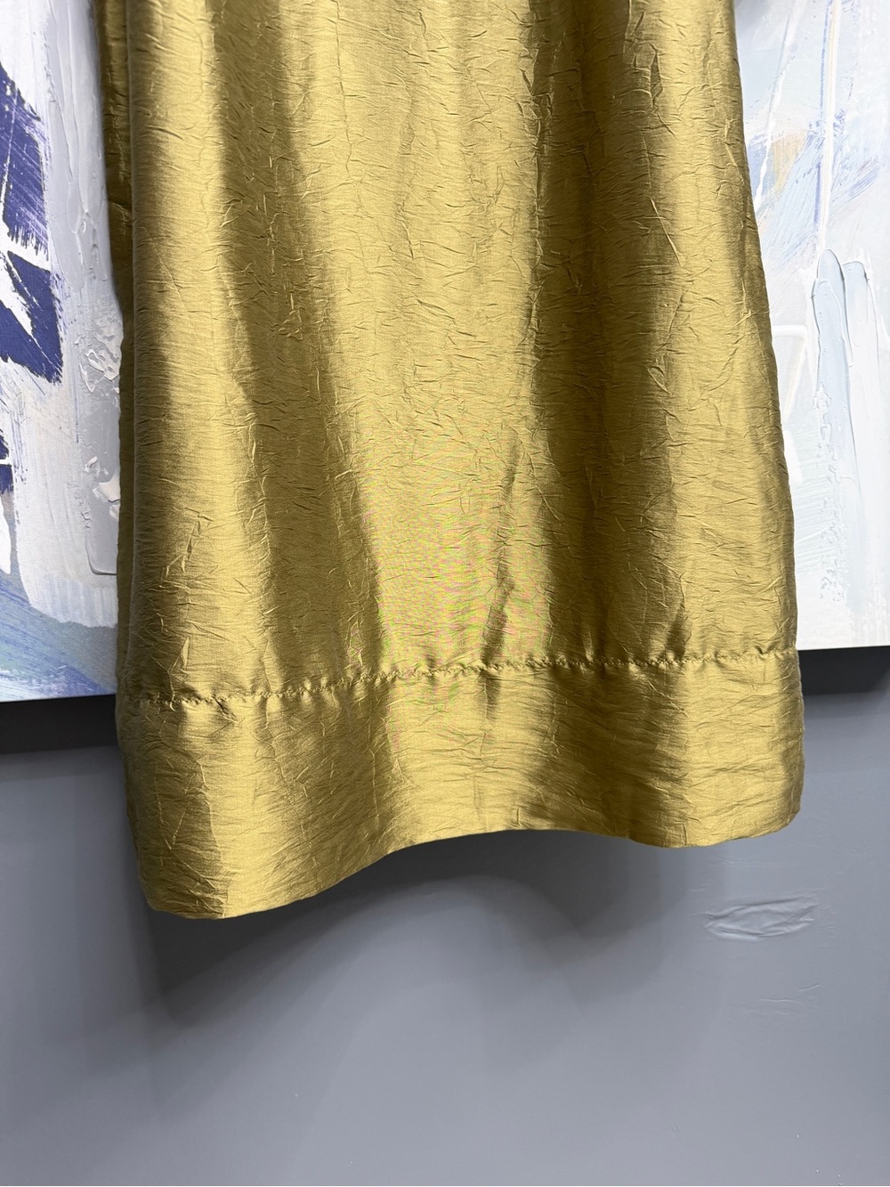 79% Silk! Talbots Shift Dress Small Olive Gold Balloon Sleeve Split Neck Dress - Picture 8 of 14